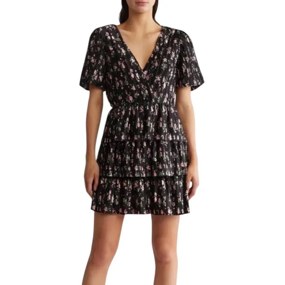 WAYF Pink Floral Pleated Tiered Mini Dress Black S